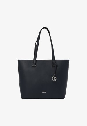 Navy blue leather tote bag with two shoulder straps, smooth texture, silver hardware accent, and brand logo displayed on the front.