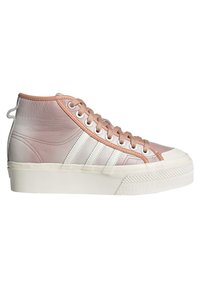 High-top sneakers with a pink and white gradient leather upper, round toe, rubber sole, and textured detailing on the sides.