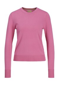 Pull en maille rose à manches longues, col rond, poignets et ourlet côtelés. Texture lisse avec une couleur uniforme. Aucun motif ni élément métallique.