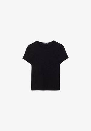 Čierne bavlnené tričko s krátkymi rukávmi, okrúhlym výstrihom a jednoduchým dizajnom. Mäkka textúra bez viditeľných vzorov či akcentov.