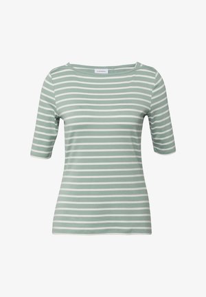 Jasnozielona i biała koszulka w poziome paski na krótki rękaw z okrągłym dekoltem i dopasowanym krojem.