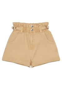 Bañador de algodón beige con una cinturilla elástica, pasadores para cinturón y dos bolsillos frontales; cuenta con una textura suave y dobladillos enrollados.