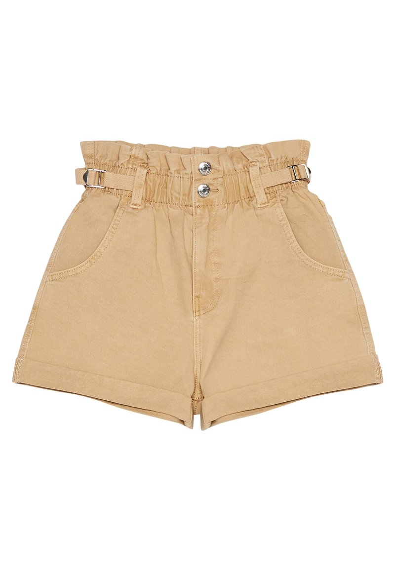 Bañador de algodón beige con una cinturilla elástica, pasadores para cinturón y dos bolsillos frontales; cuenta con una textura suave y dobladillos enrollados.