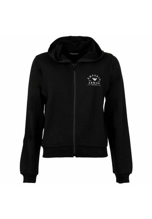 Schwarzer Kapuzenpullover mit Reißverschluss, Kapuze, gerippten Bündchen und Saum, mit weißem Emporio Armani Logo auf der linken Brust.