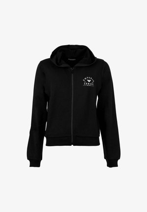 Sudadera negra con cremallera y capucha, puños y dobladillo de canalé, con logo blanco de Emporio Armani en el pecho izquierdo.