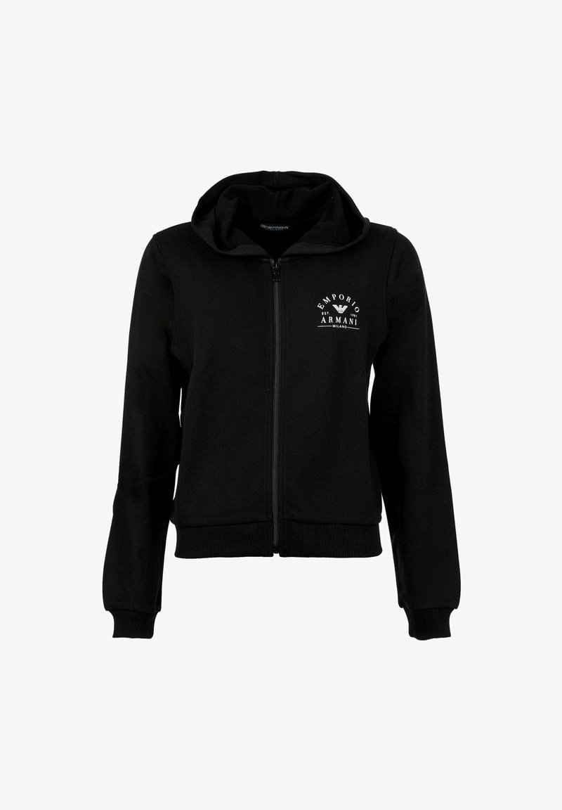 Sweat à capuche noir zippé avec capuche, poignets et ourlet côtelés, arborant le logo Emporio Armani blanc sur la poitrine gauche.