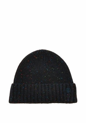 Schwarze gestrickte Mütze mit umgeschlagenem Bündchen und mehrfarbigen Sprenkeln im Gewebe.