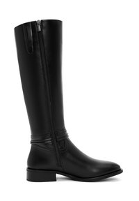Black knee-high boot with a smooth synthetic leather finish, side zip closure, and a flat heel. Accented with horizontal stitching detail.