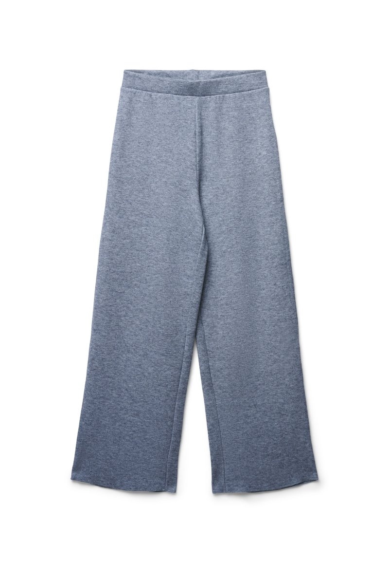 Pantaloni a gamba larga grigi con vita elastica, realizzati in morbido tessuto a maglia, mostrati distesi su uno sfondo bianco.