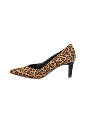 Women's pointed-toe high heel shoe with leopard print upper and slim black mid-height heel.