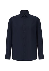 Camicia blu navy a maniche lunghe con bottoni realizzata in tessuto morbido, caratterizzata da un colletto classico e una chiusura frontale con bottoni coordinati.