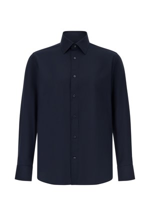 Dunkelblaues Langarm-Hemd mit Knopfleiste aus glattem Stoff, ausgestattet mit einem klassischen Kragen und einer durchgehenden Knopfleiste mit passenden Knöpfen.