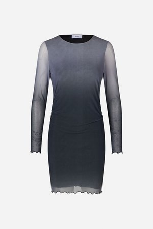 Knelang kjole med lange, gjennomsiktige ermer. Gradientdesign fra mørk grå til lys grå. Myk stoff, rund halslinning, lett rynket kant.
