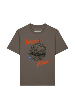 Bruin T-shirt met korte mouwen met een zwart omlijnde burgerafbeelding en de woorden "burger please" in grote oranje letters over de voorkant.