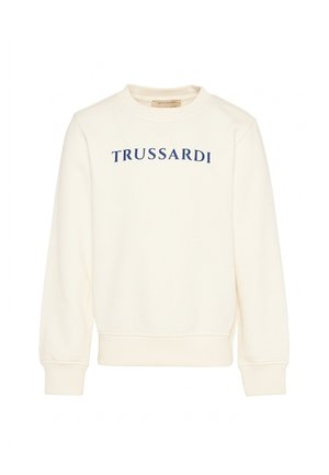 Felpa color crema con maniche lunghe e scritta "TRUSSARDI" stampata in blu sul petto.