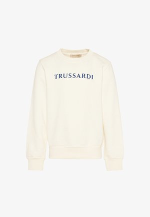 Sweater in roomkleur met lange mouwen en "TRUSSARDI" in blauw gedrukt over de borst.