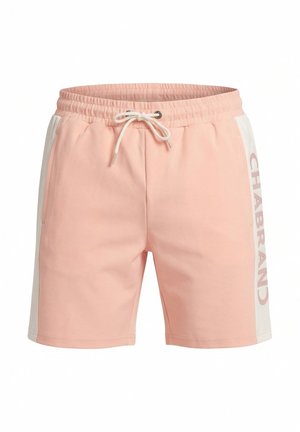 Pantalones cortos casuales de color rosa claro con cinturilla elástica, cordón blanco, bolsillos laterales y paneles laterales blancos con texto vertical "CHABRAND".
