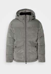 Szara kurtka puchowa z sztruksu z kapturem, zapinana na zamek, z dwoma przednimi kieszeniami i fakturowaną powierzchnią. Uzupełniona gładkimi panelami.