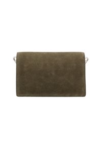 Borsa a tracolla verde in suede con forma rettangolare piatta, caratterizzata da accenti in metallo argentato sui lati e un design pulito e minimalista.
