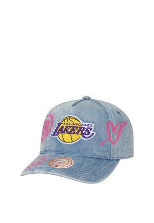 Light blue denim Los Angeles Lakers cap with basketball logo, pink heart and arrow designs, and a curved brim with a round sticker.