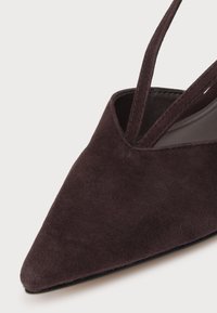 Gros plan d'une chaussure en daim brun foncé à bout pointu avec des fines brides et une doublure intérieure lisse.