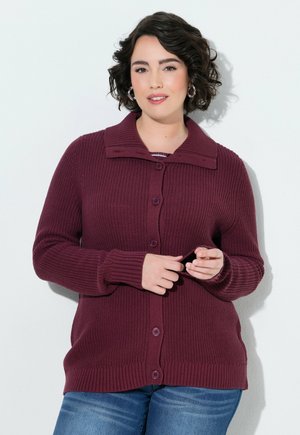 Kvinde med kort krøllet mørkt hår iført sølv øreringe og en knappet vinrød strikket cardigan over blå jeans mod en ensfarvet baggrund.