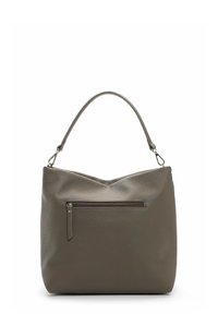 Borsa a spalla in pelle grigia con superficie testurizzata, manico singolo e tasca esterna con zip. Presenta un design superiore triangolare.