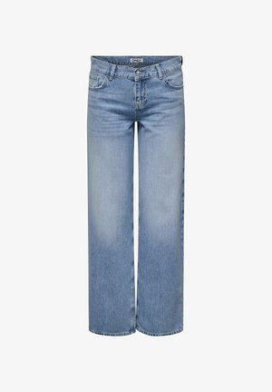 Light blue straight-leg denim jeans with front pockets, button closure, belt loops, and a brand label on the waistband.