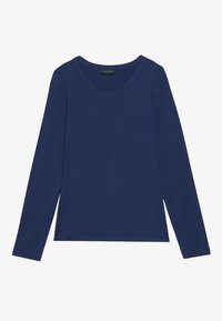 Marinblå långärmad T-shirt med V-ringning, tillverkad av mjukt material. Har en avslappnad passform och rak fåll, med minimala sömnadsdetaljer.