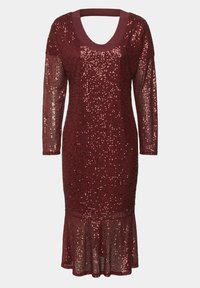 Robe bordeaux avec des manches longues à sequins, un décolleté en V profond et un ourlet évasé. Les sequins créent une texture scintillante sur toute la surface.