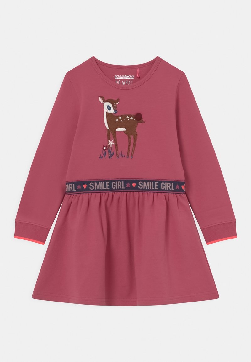 Robe à manches longues rose poussiéreux pour fille avec broderie de cerf et texte "SMILE GIRL" sur la ceinture bleu marine.