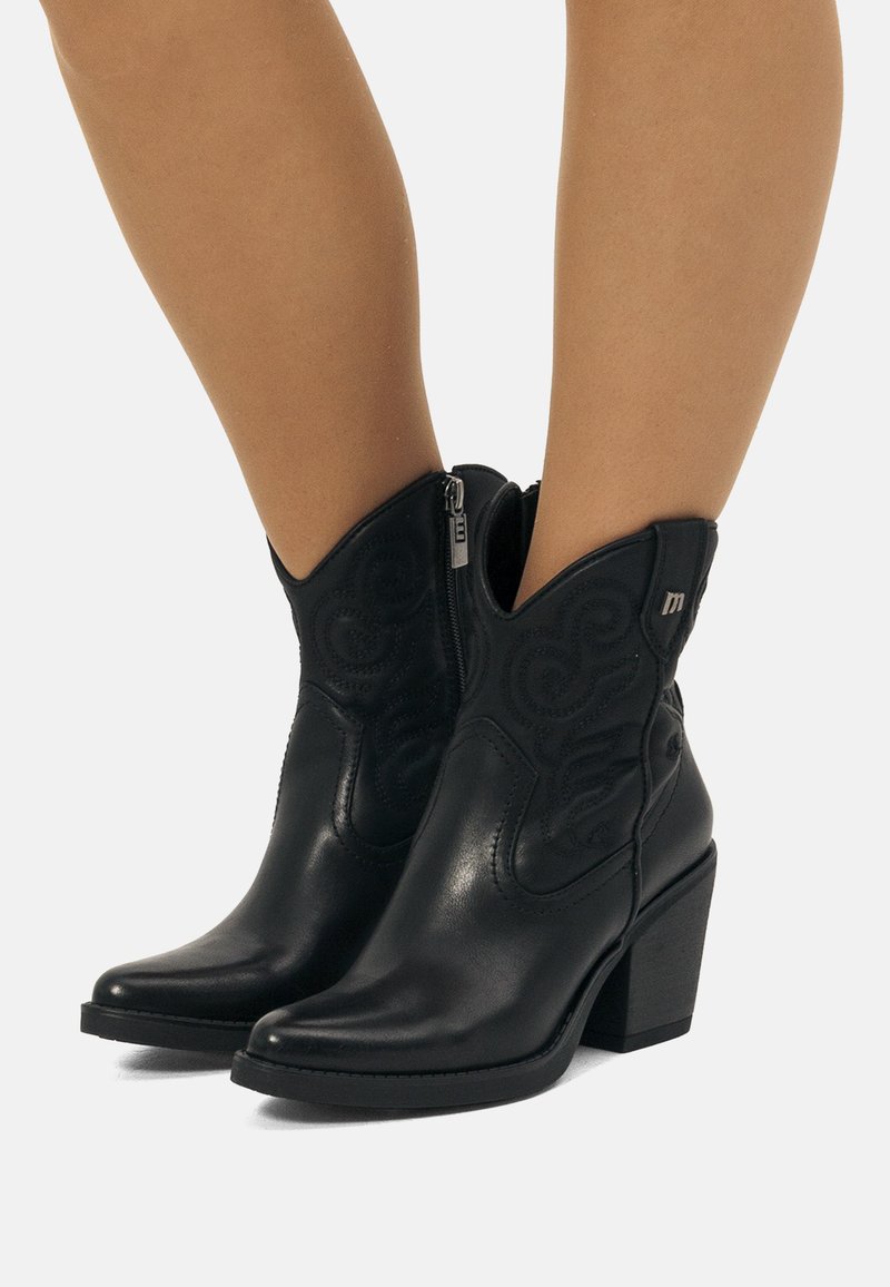 Botines de cuero negro hasta el tobillo con punta afilada, costuras decorativas, cremallera lateral y tacón ancho. Detalles texturizados en los laterales.