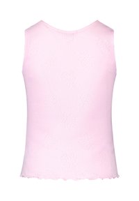 Pink ribbed tank top featuring a textured floral pattern, scalloped hem, and a round neckline. Suitable for warm weather wear.