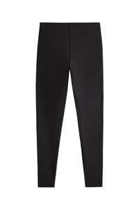 Czarne legginsy z gładkiego, elastycznego materiału. Dopasowany krój, długość do kostek, elastyczny pas, minimalistyczny styl i brak widocznych szwów.
