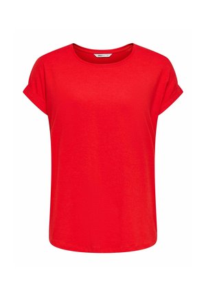 Red short-sleeve casual T-shirt with rolled cuffs and a round neckline, displayed on a white background.