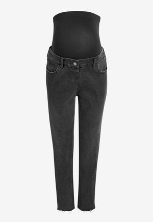 Jeans premaman neri con vita alta elastica e orli sfrangiati, mostrati su uno sfondo bianco.