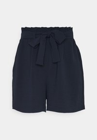 Navy blue shorts with a wide, ruffled waistband and a front tie belt. Features side pockets and a soft, lightweight texture.
