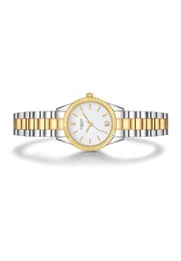 Orologio rotondo con quadrante bianco, marcatori delle ore dorati e bracciale in acciaio inossidabile oro e argento. Presenta una lunetta dorata con scanalature.