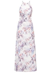 Robe maxi sans manches à col halter avec un motif floral aquarelle dans des tons doux de rose, violet et blanc, avec une taille cintrée.