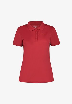 Červené polo tričko vyrobené z hladké tkaniny; má límeček, zapínání na tři knoflíky a krátké rukávy. Minimalistické logo na hrudi.