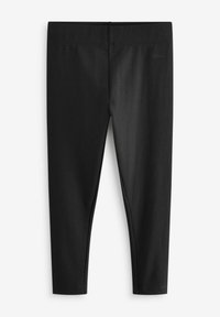 Leggings neri realizzati in un tessuto liscio e elastico. Presentano un cintura alta e senza cuciture visibili, progettati per una vestibilità aderente.