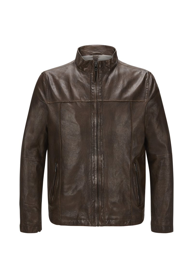 Braune Lederjacke mit hochschließendem Kragen, Reißverschluss und zwei Seitentaschen. Glatte Textur mit leicht abgenutztem Finish und ohne sichtbare Muster.