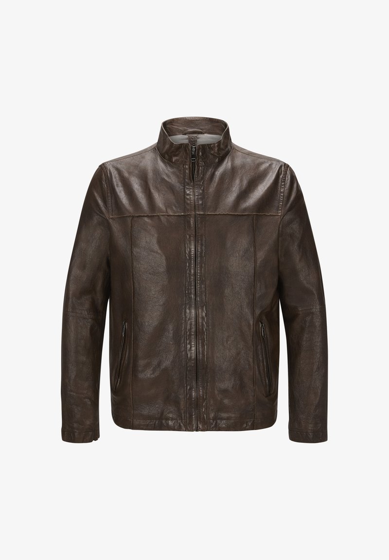 Braune Lederjacke mit hochschließendem Kragen, Reißverschluss und zwei Seitentaschen. Glatte Textur mit leicht abgenutztem Finish und ohne sichtbare Muster.