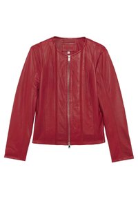 Veste en cuir rouge avec un col rond, une fermeture éclair à l'avant, des manches longues et des coutures verticales pour un détail de design supplémentaire.