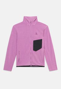 Ροζ ζακέτα με φερμουάρ και ψηλό γιακά, κατασκευασμένη από μαλακό ύφασμα. Διαθέτει μια μαύρη καρό τσέπη στο αριστερό μέρος και δύο πλαϊνές τσέπες.