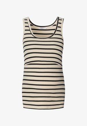 Stropærmet tanktop lavet af ribbet stof med vandrette sorte striber på en lys beige baggrund. Distinkt scoop-udskæring.