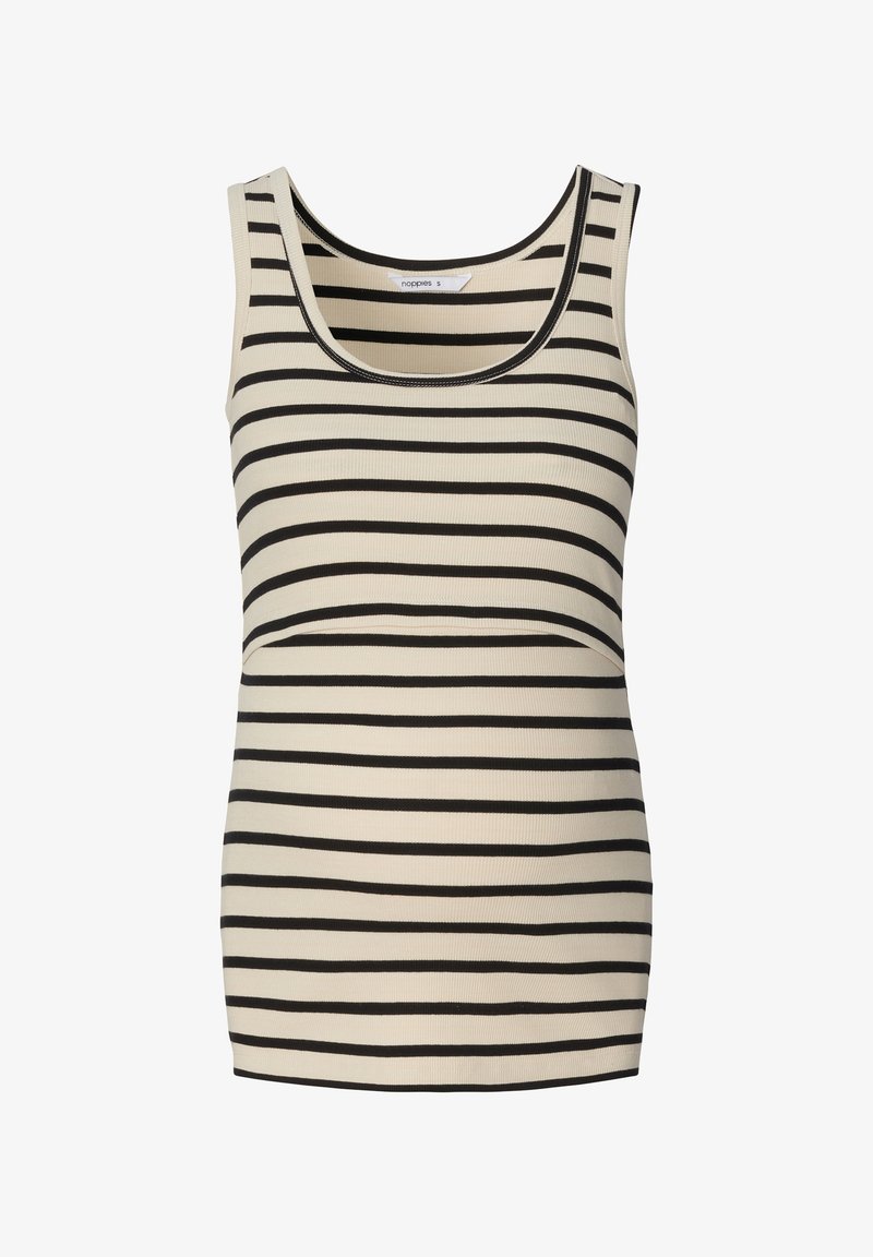Top bez rękawów wykonany z prążkowanego materiału, z poziomymi czarnymi paskami na jasnobeżowym tle. Wyjątkowy dekolt w serek.