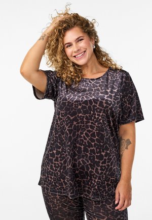 Zwart en bruin luipaardprint t-shirt met korte mouwen, ronde halslijn en een losse pasvorm, gemaakt van soepel materiaal.
