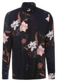 Chemise noire à boutonnières avec un motif floral en rose, blanc et bordeaux. Fabriquée en tissu lisse, elle possède des manches longues et un col classique.