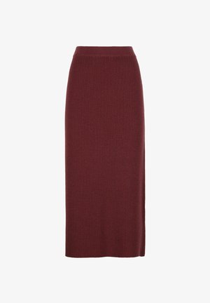 Burgundyribbat midi-knäskirt med hög midja och sidospalt, med en struktur i tyget och en strömlinjeformad siluett.